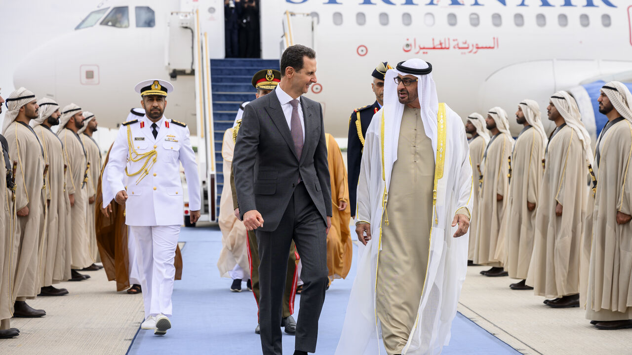 UAE President Sheikh Mohammed bin Zayed welcoming his Syrian counterpart Bashar Al-Assad on Sunday in Abu Dhabi