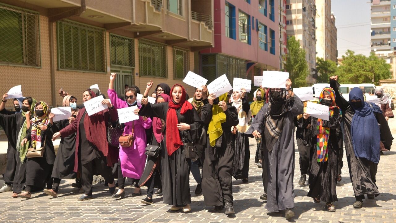 Ahead of the talks, Afghan women protest in Kabul against any international recognition of the Taliban government