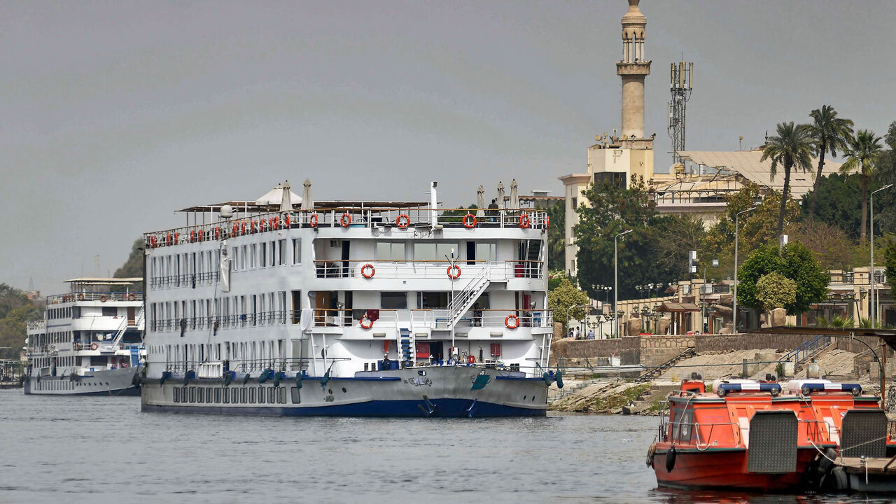 Cruise ship A Sara is moored on the Nile River, where 45 suspected COVID-19 cases were detected and evacuated two days prior, Luxor, Egypt, March 9, 2020.