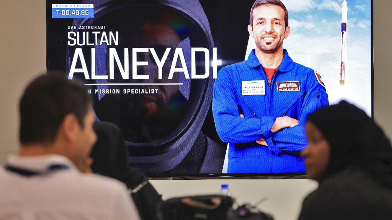 Emirati astronaut Sultan Alneyadi is displayed on screen at the Mohammed bin Rashid Space Centre in Dubai when he blasted off to the International Space Station on March 2 for a six-month mission