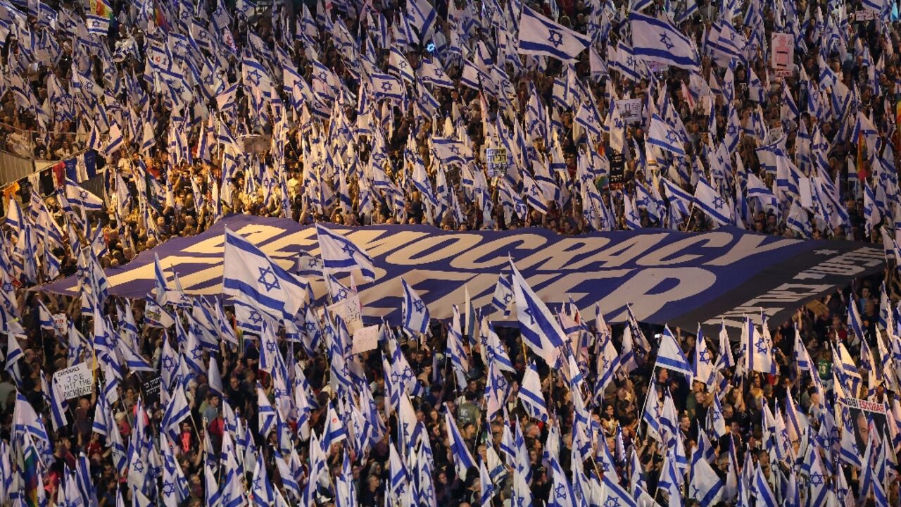 Israeli media put the number of participants in the Tel Aviv demonstration at 'tens of thousands'