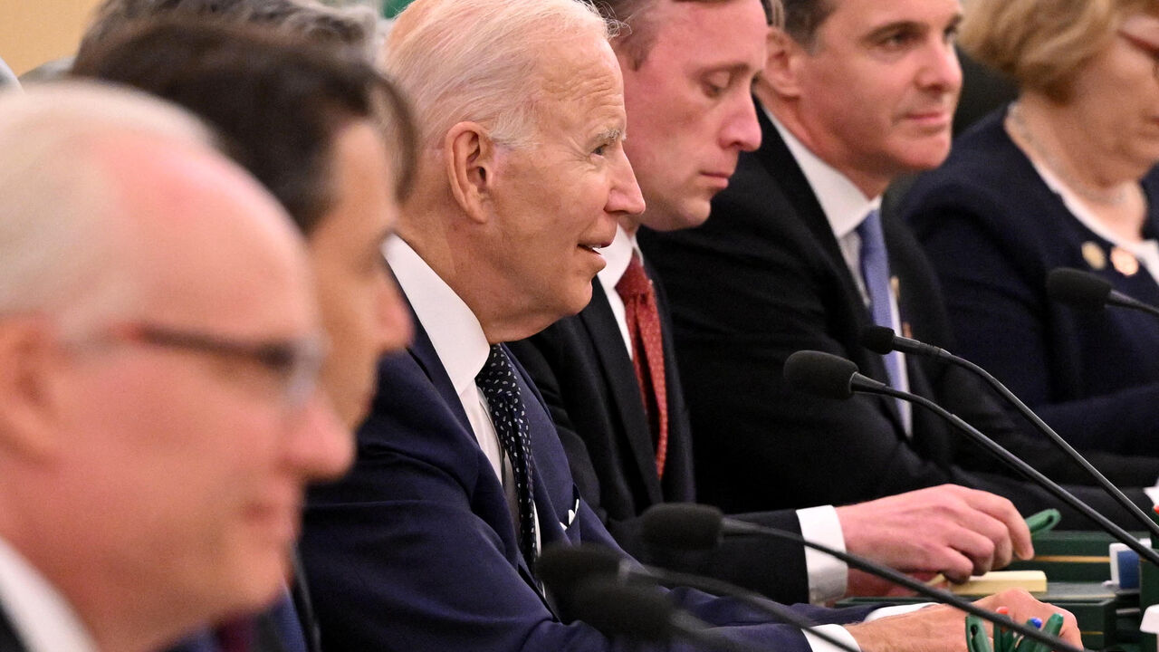 S President Joe Biden (3-L) takes part in a working session with the Saudi crown prince (not pictured) at the Al-Salam Royal Palace in the Saudi coastal city of Jeddah, on July 15, 2022. - US President Joe Biden landed in Saudi Arabia, sealing a retreat from his campaign pledge to turn the kingdom into a "pariah" over its human rights record (Photo by Mandel NGAN / AFP) (Photo by MANDEL NGAN/AFP via Getty Images)