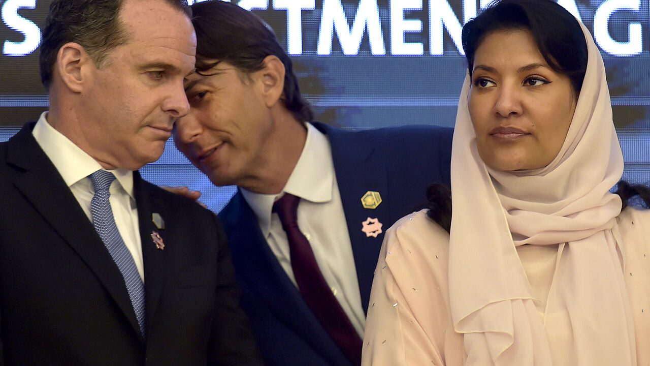 Brett McGurk, US National Security Council coordinator for the Middle East and North Africa, listens to Amos Hochstein, the US Senior Advisor for Energy Security, as Princess Reema bint Bandar bin Sultan bin Abdulaziz al-Saud, Saudi ambassador to the US, looks on during an investment agreement signing ceremony between the US and Saudi Arabia in the Red Sea coastal city of Jeddah on July 16, 2022. (Photo by Amer HILABI / AFP) (Photo by AMER HILABI/AFP via Getty Images)