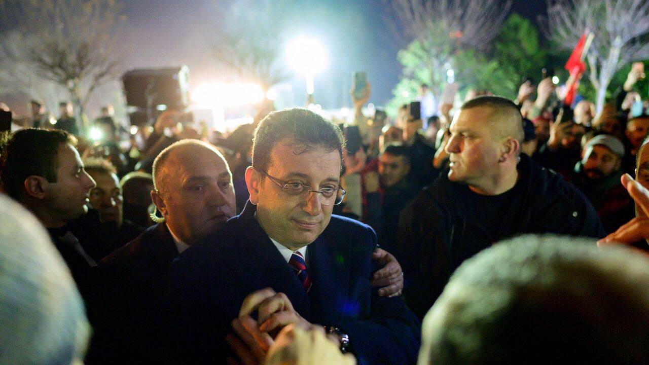 Istanbul Mayor Ekrem Imamoglu delivers a speech for his supporters during a protest in front of the Istanbul Metropolitan Municipality.
