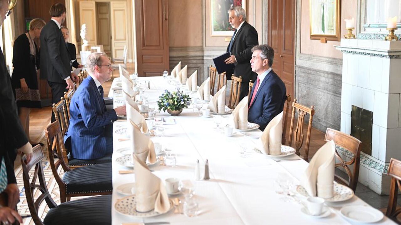 Israel's Foreign Minister Eli Cohen meets with Sweden's Foreign Minister Tobias Billstrom in Stockhold, May 15, 2023.