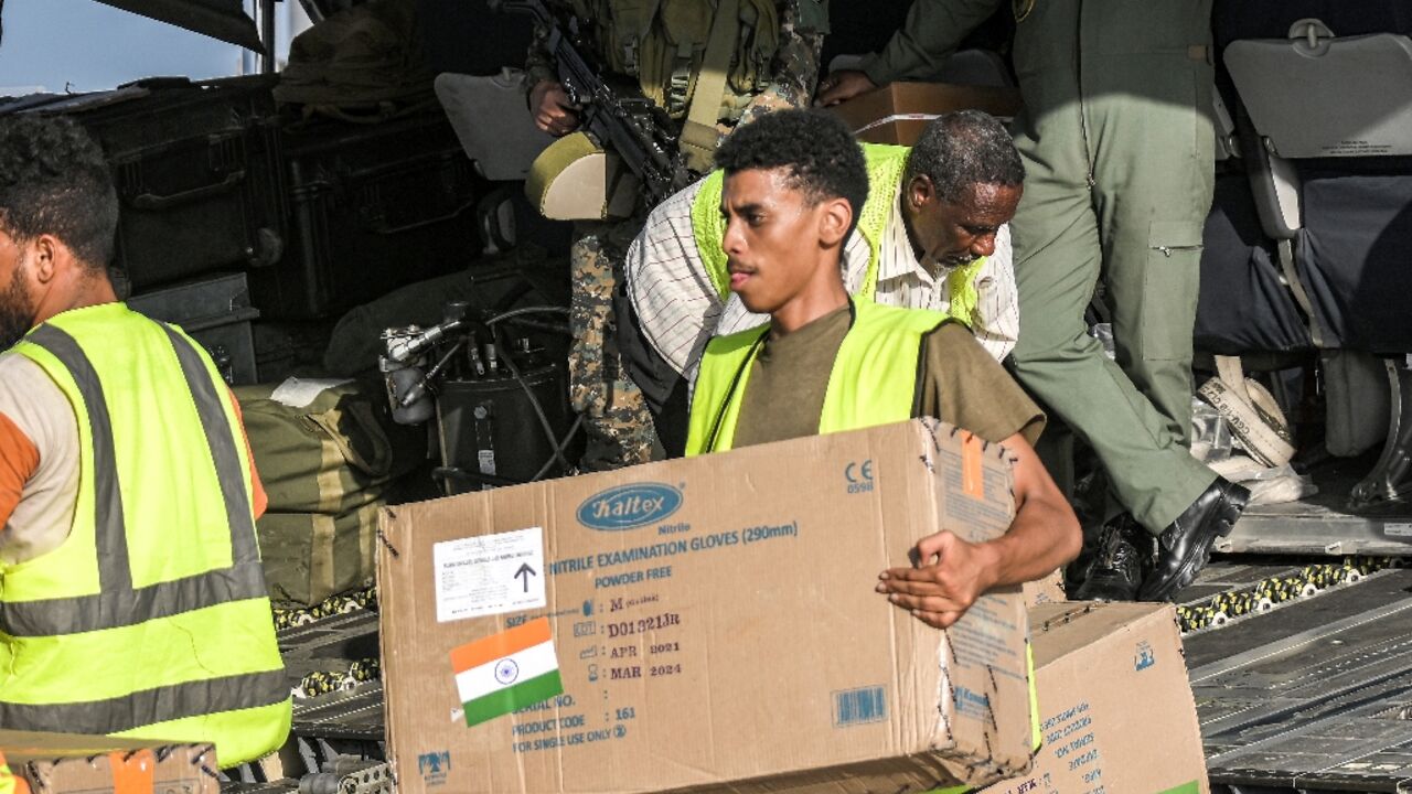 Aid from India is offloaded at Port Sudan airport