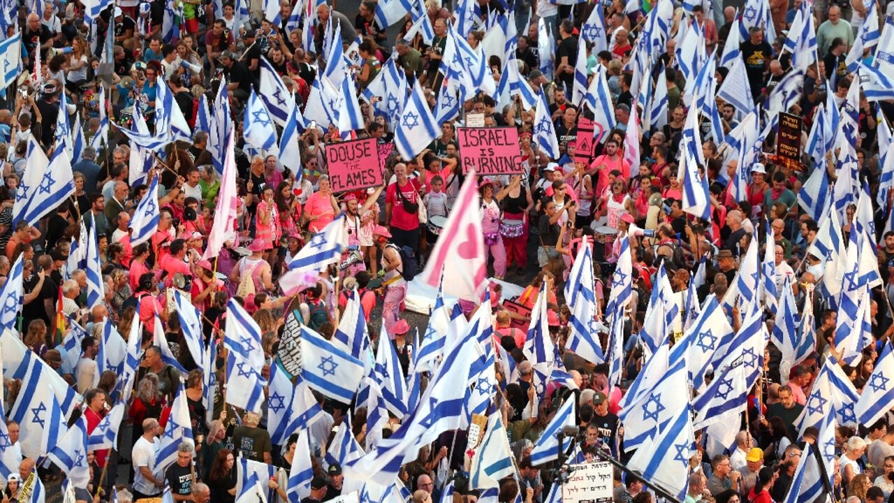 Demonstrators crowd the heart of Tel Aviv as they keep up their protests against the hard-right government's controversial judicial reforms