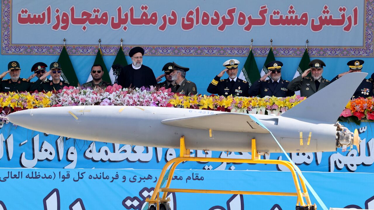 Iran's President Ebrahim Raisi watches combat drones alongside high-ranking officials and commanders during a military parade marking the country's annual army day in Tehran on April 18, 2023. (Photo by ATTA KENARE / AFP) (Photo by ATTA KENARE/AFP via Getty Images)