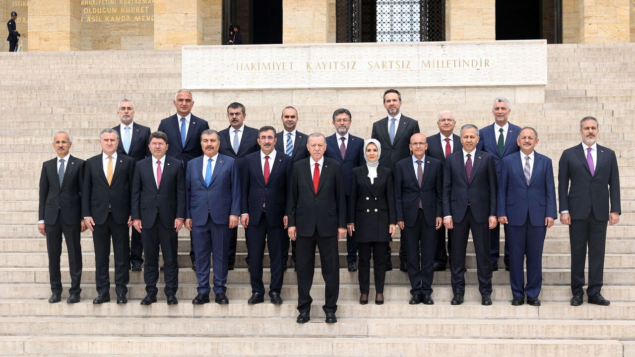 Turkish President Recep Tayyip Erdogan (C) and members of his new cabinet pose for a photo during a visit to Anitkabir, the mausoleum of Turkish Republic's founder Mustafa Kemal Ataturk, before their first cabinet meeting in Ankara, on June 6, 2023. 