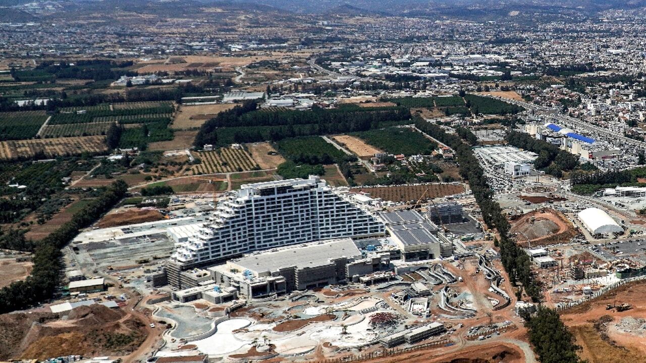 This picture taken on May 24, 2022 shows an aerial view of construction work on the City of Dreams Mediterranean hotel casino in Limassol, Cyprus