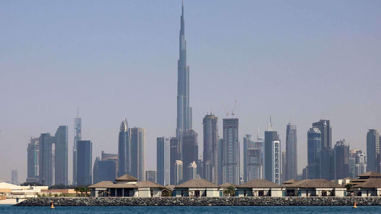 This picture taken from the sea of Dubai on March 3, 2021 shows the skyline of the Gulf emirate with Burj Khalifa in the centre.