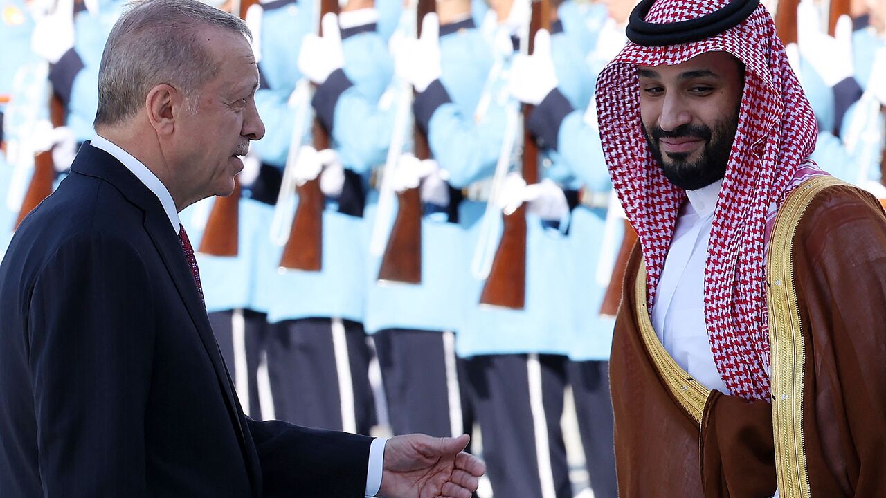 Turkey's President Recep Tayyip Erdogan (L) welcomes Crown Prince of Saudi Arabia Mohammed bin Salman (R) during an official ceremony at the Presidential Complex in Ankara, on June 22, 2022. Saudi Arabia's de facto ruler took a big step out of international isolation on June 22, 2022, paying his first visit to Sunni rival Turkey since the 2018 murder of journalist Jamal Khashoggi in the kingdom's Istanbul consulate. (Photo by Adem ALTAN / AFP) (Photo by ADEM ALTAN/AFP via Getty Images)