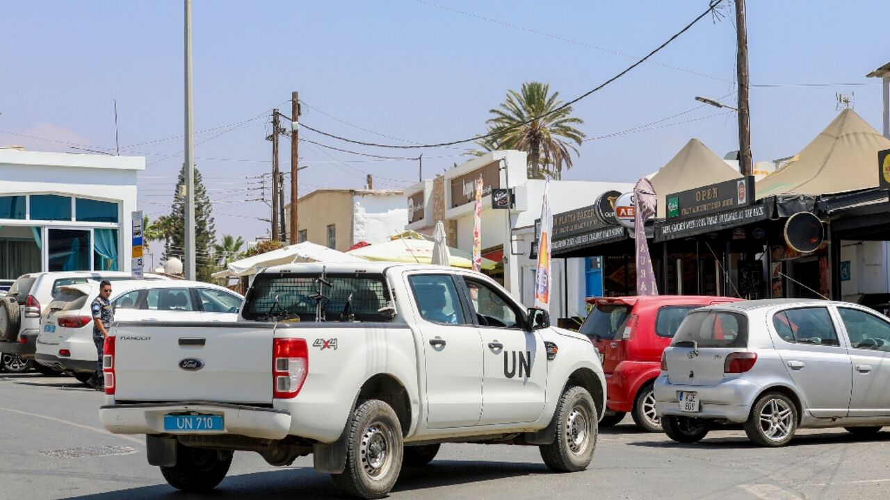 A United Nations vehicle in Pyla, a bi-communal village in the buffer zone that divides Cyprus