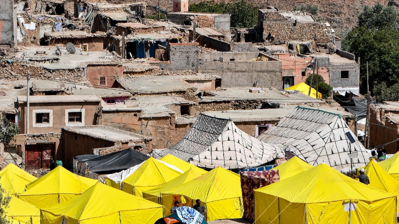 Relief tents are erected in the earthquake-hit village of Inghede