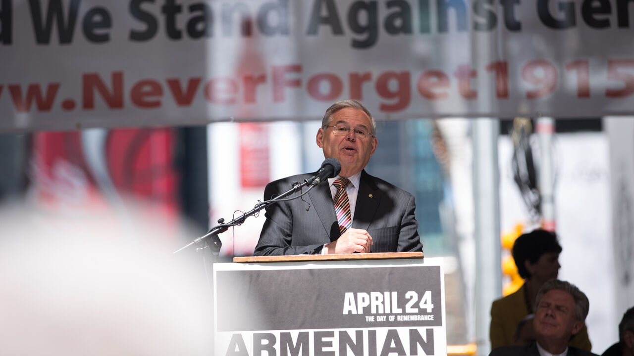 .S. Sen. Robert Menendez spoke during the rally to commemorate the 1915 Turkish massacre of Armenians in Times Square April 26, 2015 in New York City. The rally marks 100 years since the Ottoman government began its systematic extermination of Armenian peoples from their homeland in what is present-day Turkey. (Photo by Kevin Hagen/Getty Images)
