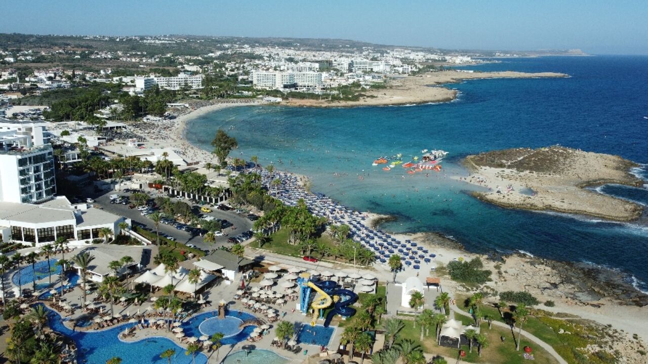An aerial view of Nissi Beach at the popular Cyprus holiday resort of Ayia Napa