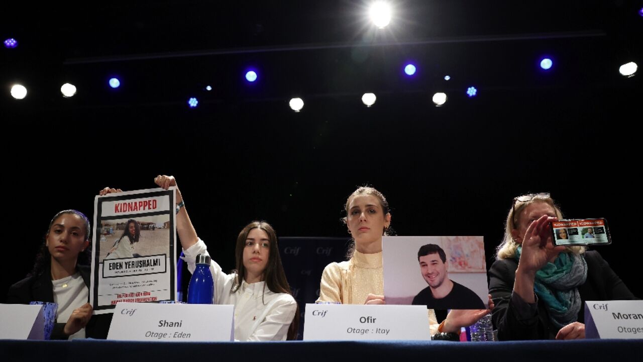Families of some of the Israeli hostages taken to Gaza give a press conference in Paris