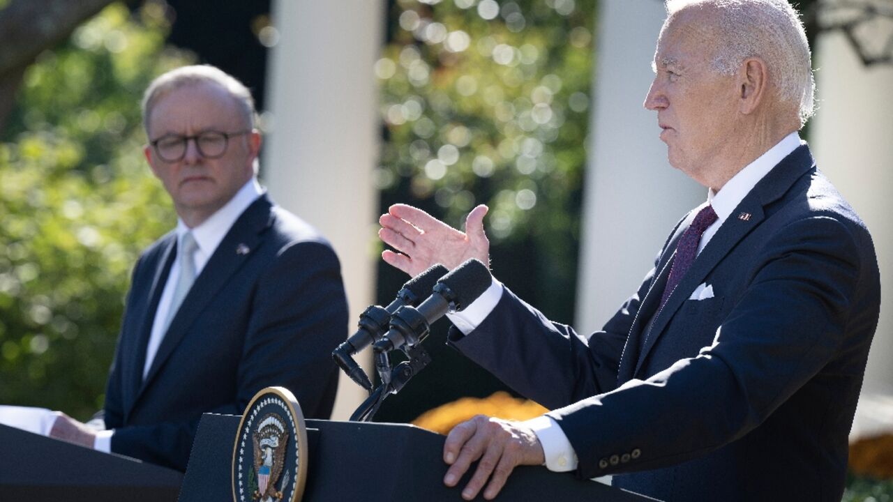 US President Joe Biden (R) speaks during a joint press conference with Australia's Prime Minister Anthony Albanese at the Rose Garden of the White House in Washington, DC, on October 25, 2023