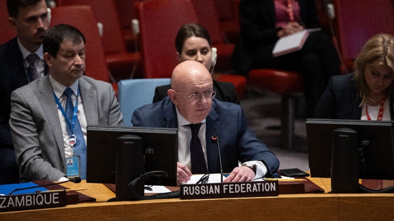 Permanent Representative of the Russian Federation to the United Nations Vassily Nebenzia speaks during a UN Security Council meeting on Ukraine on August 24, 2023
