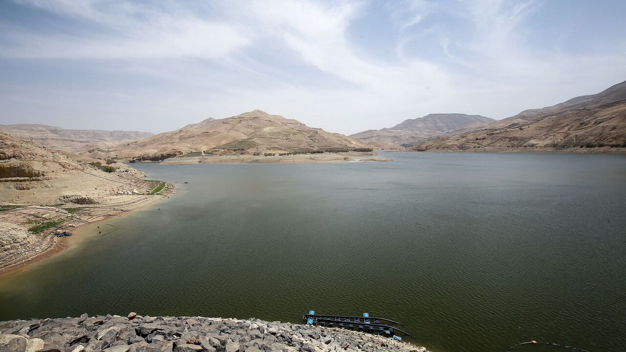 This picture shows a view of the reservoir of the Mujib Dam, the main water supply to Amman, in the Madaba governorate, about 100kms north of the Jordanian capital, on April 20, 2021.
