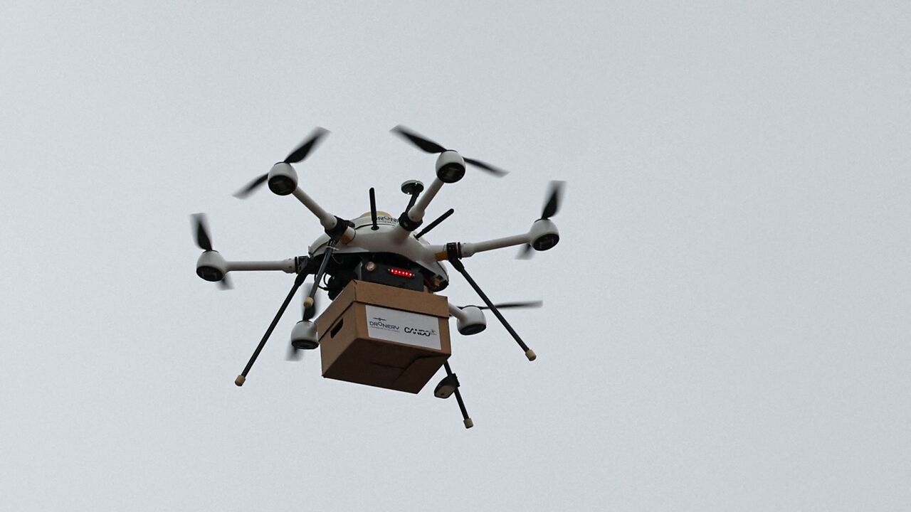 Drone package delivery takes off in Jerusalem on September 13, 2023. (Photo by AHMAD GHARABLI / AFP) (Photo by AHMAD GHARABLI/AFP via Getty Images)
