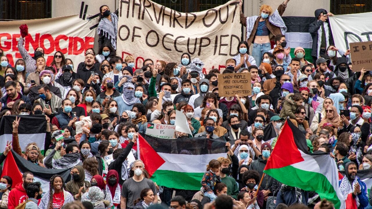A pro-Palestinian demonstration at Harvard University in Cambridge, Massachusetts a week after Hamas' deadly attack on Israel