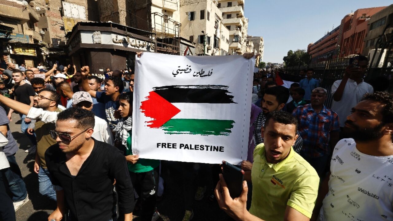 Egyptians hold up pro-Palestinian placards at a rally in solidarity with Gaza in the capital Cairo