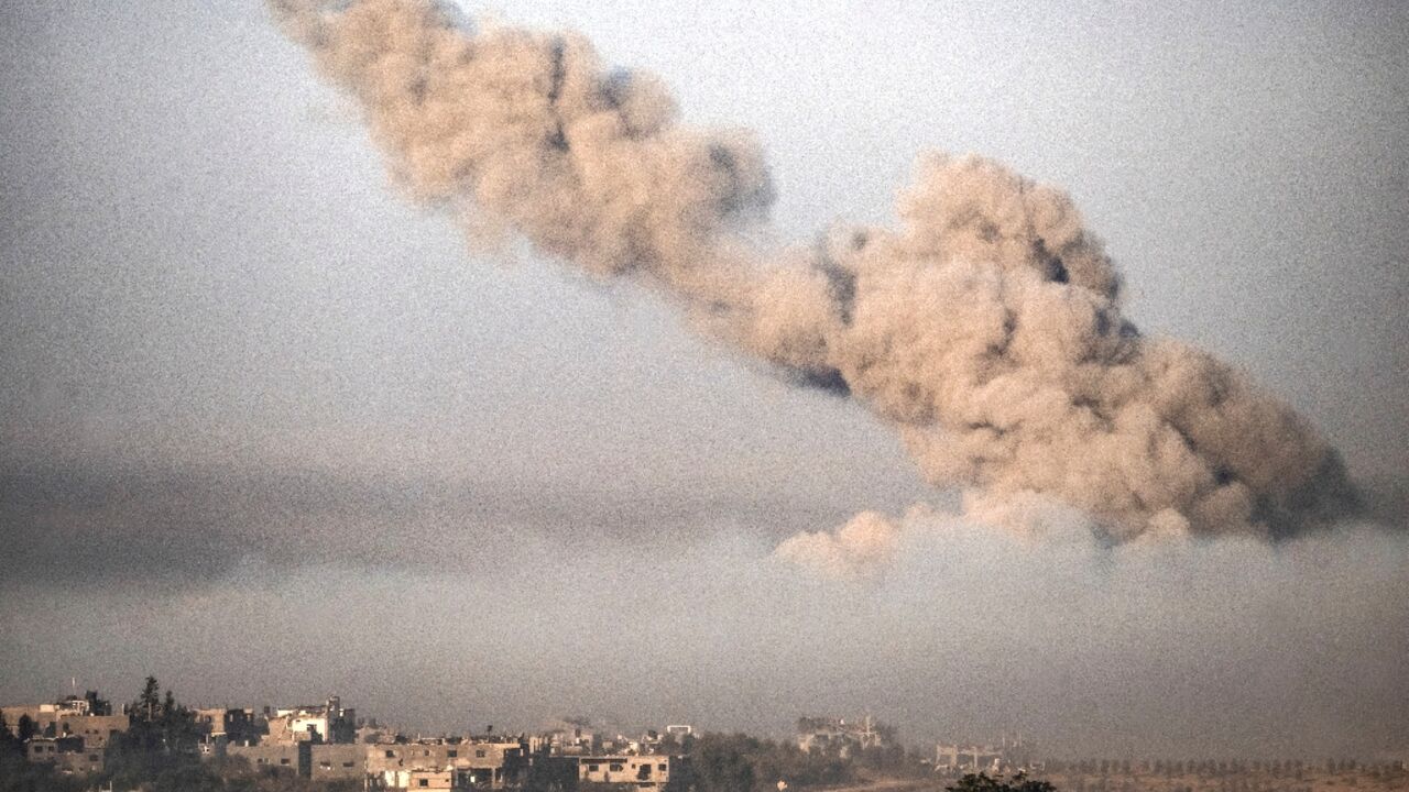 Smoke rises during Israeli bombardment  along the border with the Gaza Strip 