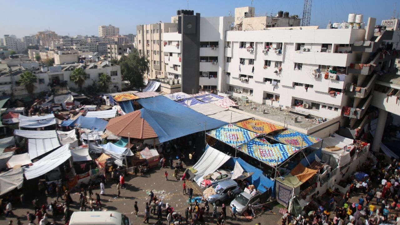 An aerial view shows the compound of Al-Shifa hospital in Gaza City on November 7, 2023