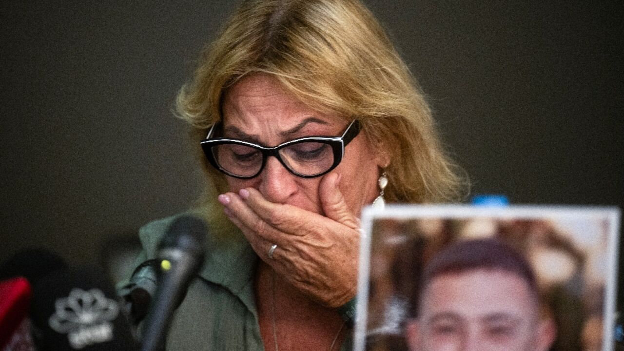 Orit Meir, mother of Almog Meir, 21, held hostage by Palestinian Hamas militants since the October 7 attack, at a press conference in Athens on November 6, 2023