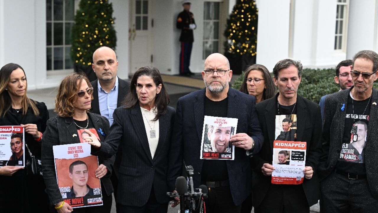 Family members of American hostages held by Hamas speak to the press outside the White House