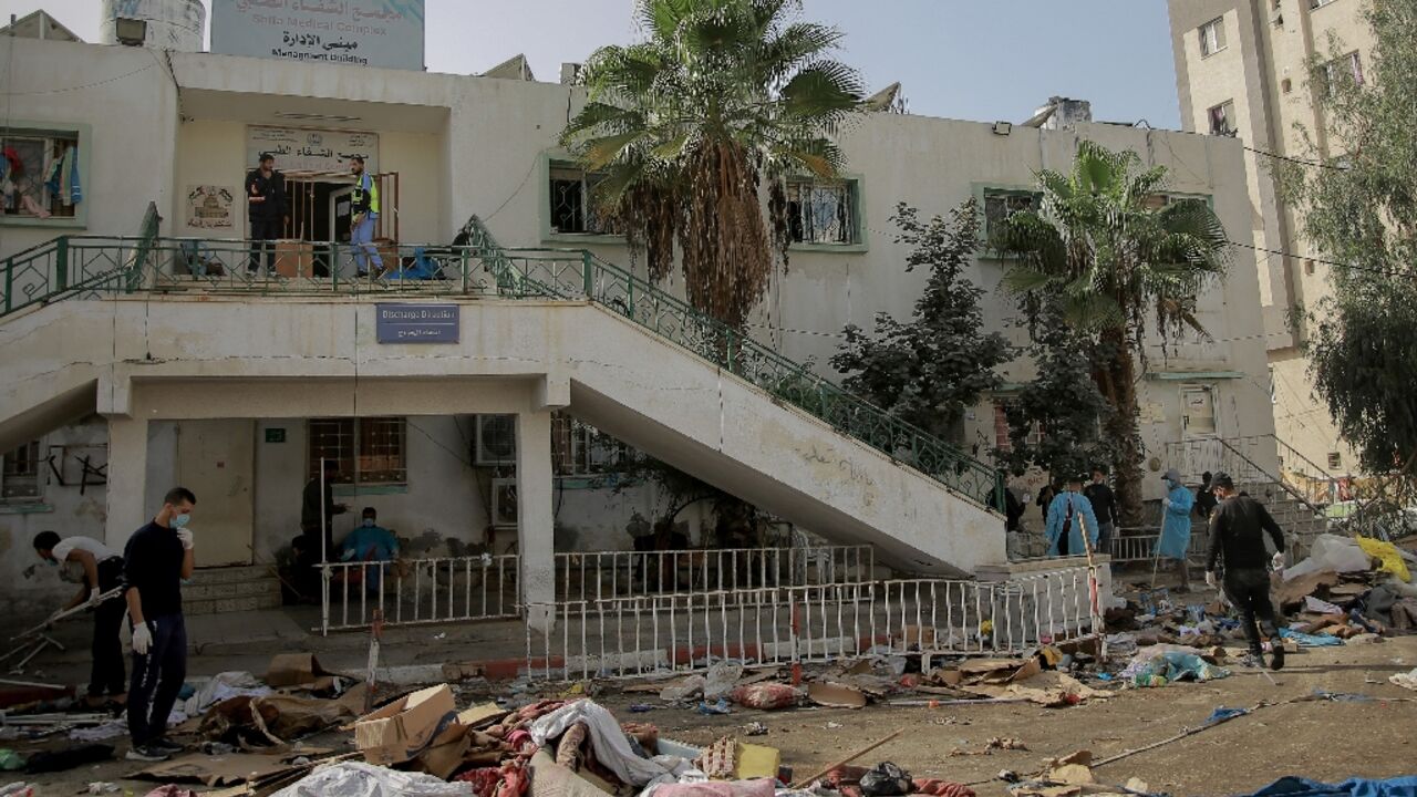 The scene of damage outside the Al-Shifa hospital on November 26 after Israeli forces withdrew 