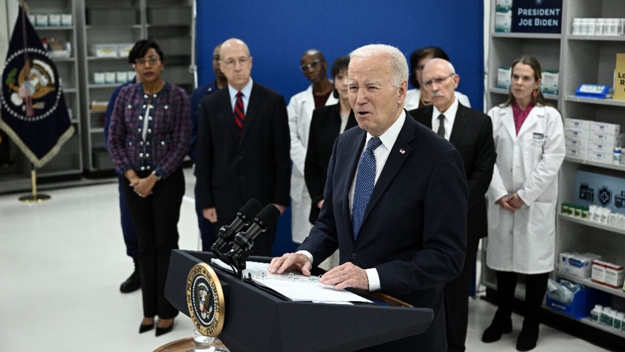 US President Joe Biden speaks about lowering prescription drug costs at the National Institutes of Health in Bethesda, Maryland