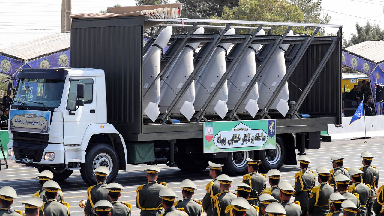 A truck carries Iranian drones during the annual military parade marking the anniversary of the outbreak of the devastating 1980-1988 war with Saddam Hussein's Iraq, Tehran, Iran, Sept. 22, 2023.