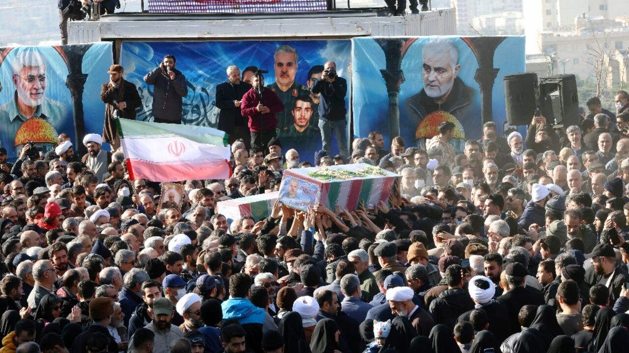 The funeral in Tehran for three Islamic Revolutionary Guard Corps members killed in Syria -- Iranian media reported the victims included the IRGC's intelligence chief for Syria, and his deputy