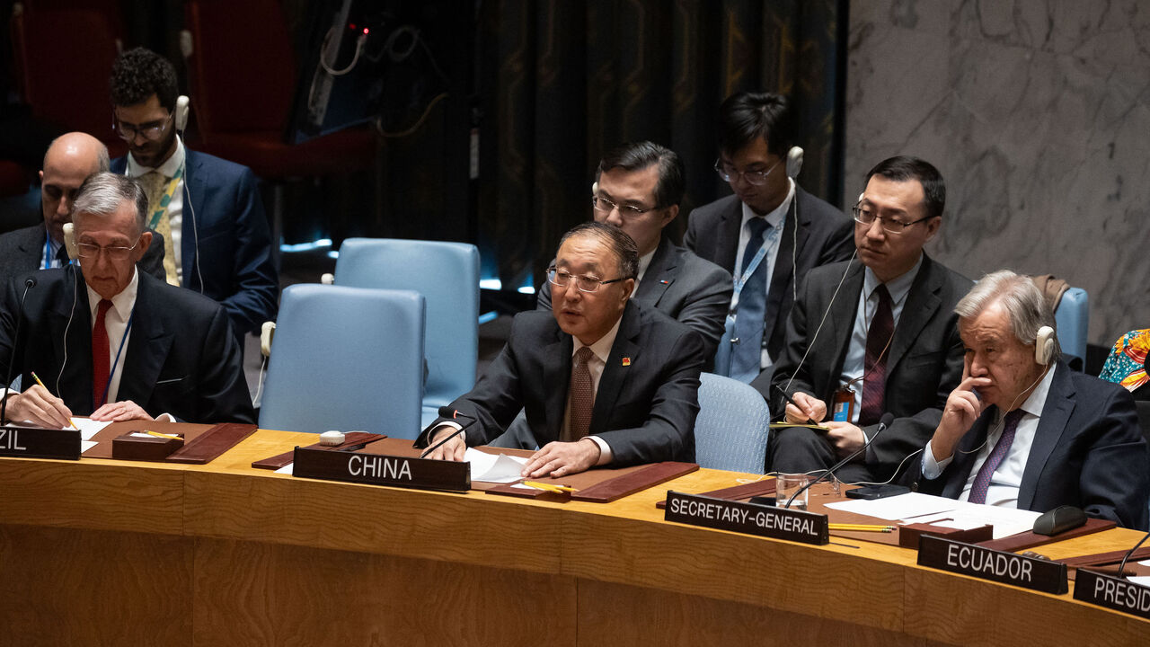 Chinese ambassador to the United Nations Zhang Jun speaks during a United Nations Security Council meeting on Gaza, at UN headquarters in New York City on December 8, 2023. 