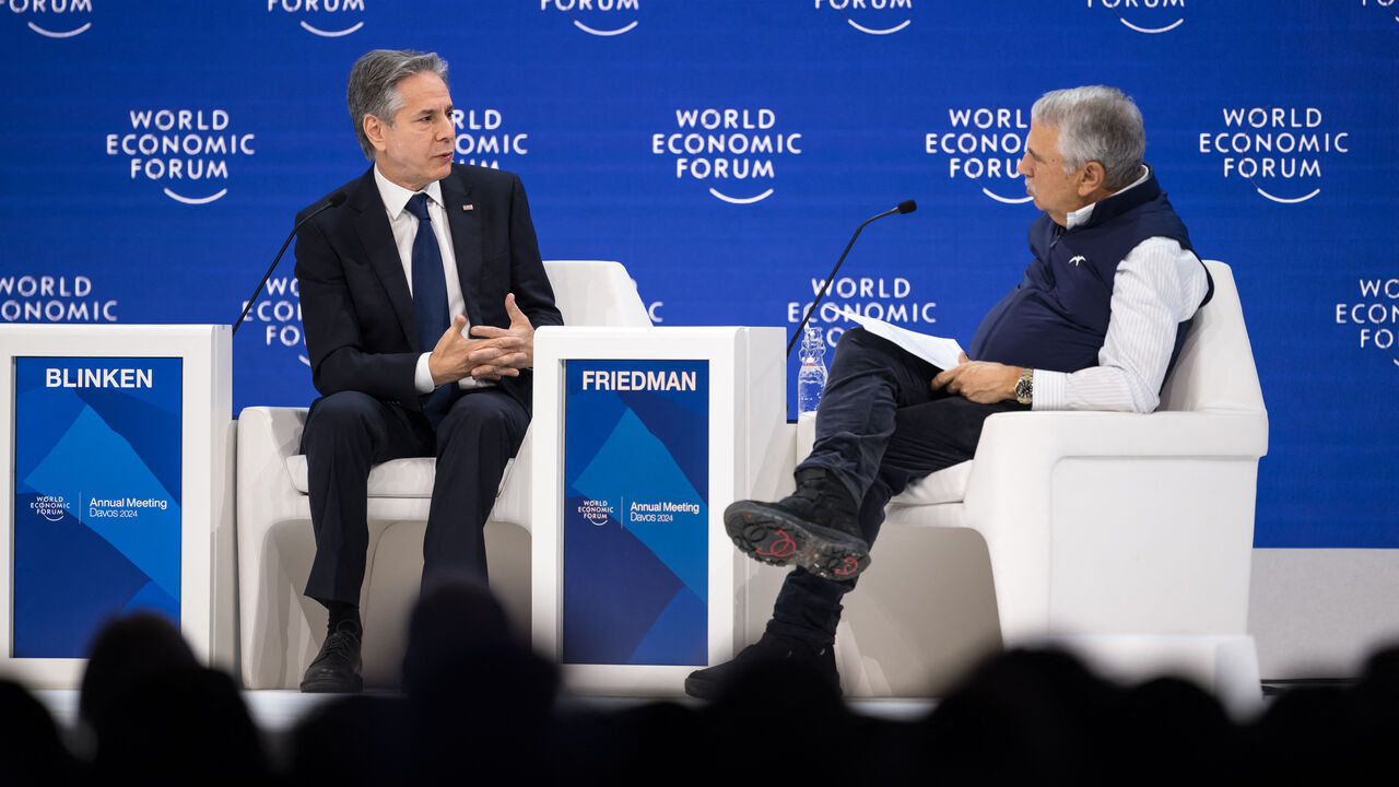US Secretary of State Antony Blinken (L) speaks with Foreign Affairs columnist Thomas Friedman during a meeting as part of the World Economic Forum (WEF) in Davos on January 17, 2024.