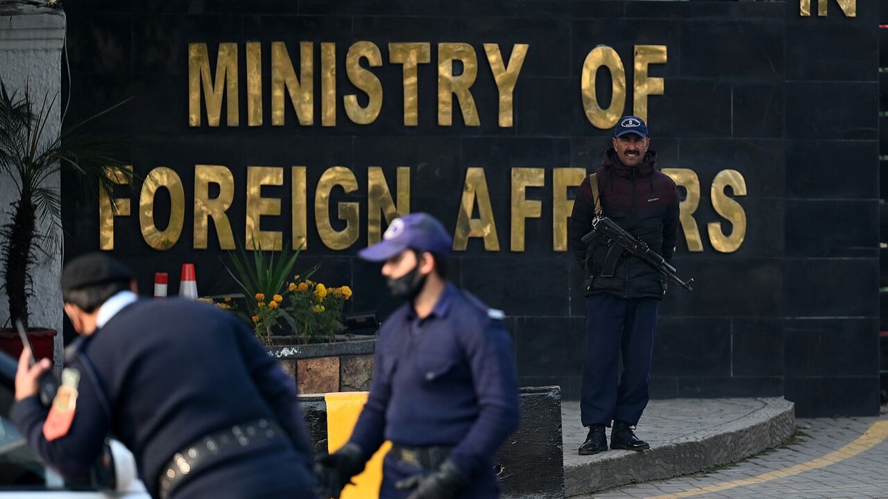 Pakistani police officers stand guard outside the Ministry of Foreign Affairs in Islamabad on Jan. 18, 2024. Pakistan said on Jan. 18 it carried out strikes against militant targets in Iran, after Tehran launched attacks on Pakistani territory earlier this week.