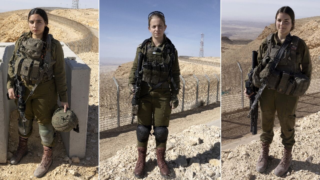 This combination of pictures shows Israeli soldiers (L to R) Marom, Shana and Eliora, from the mixed gender infantry unit of the Bardelas battalion, posing on the sidelines of a training exercise along the Israel-Egypt border near Har Harif
