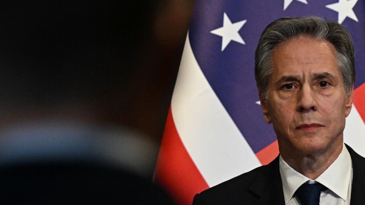 US Secretary of State Antony Blinken looks on  during a press conference in Albania on February 15, 2024