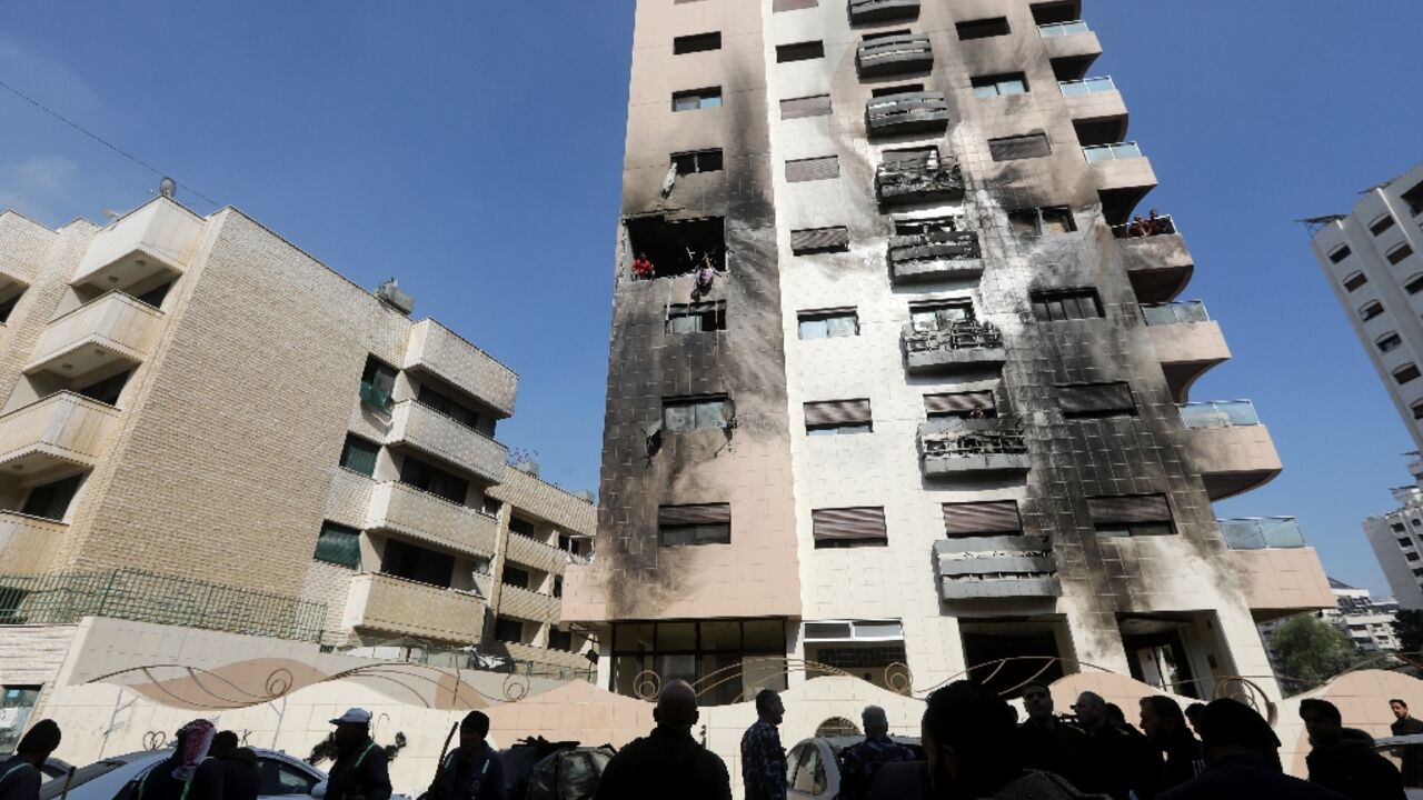 The building hit in a reported Israeli strike in the Kafr Sousa district of the Syrian capital on February 21, 2024