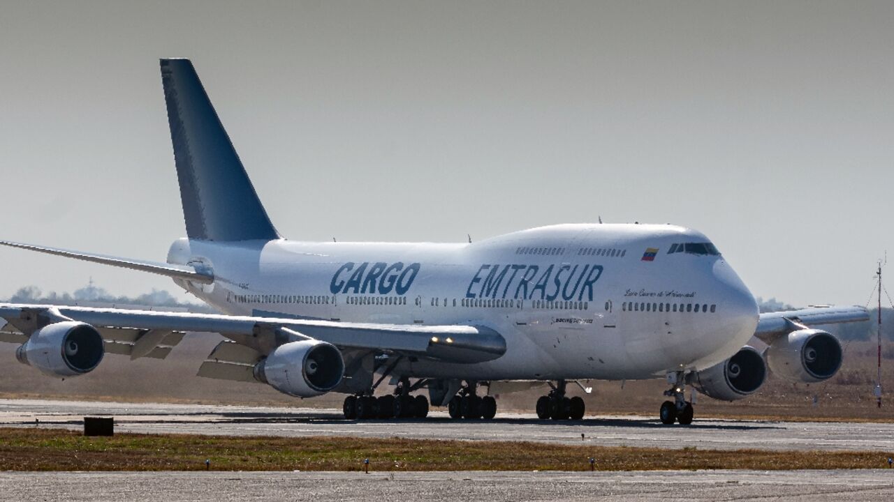 The Boeing 747-300 previously belonging to Venezuela's Emtrasur cargo airline at the international airport in Cordoba, Argentina, on June 6, 2022, before taking off for Buenos Aires