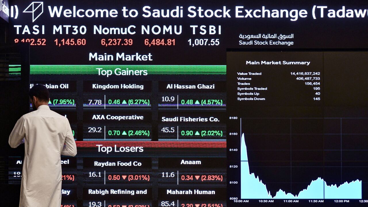 A man monitors the board at Tadawul, the Saudi stock exchange, Riyadh, Dec. 12, 2019.