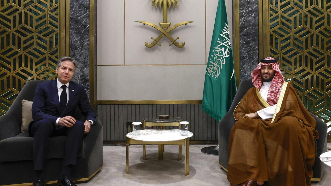 Saudi Arabia's Crown Prince Mohammed bin Salman (R) meets with US Secretary of State Antony Blinken in Jeddah on March 20, 2024. Secretary of State Blinken, who landed in Jeddah earlier on March 20 on the first leg of a regional tour that was extended to include Israel, met with Saudi Foreign Minister Prince Faisal bin Farhan before holding talks with Crown Prince Mohammed bin Salman. (Photo by Evelyn Hockstein / POOL / AFP) (Photo by EVELYN HOCKSTEIN/POOL/AFP via Getty Images)