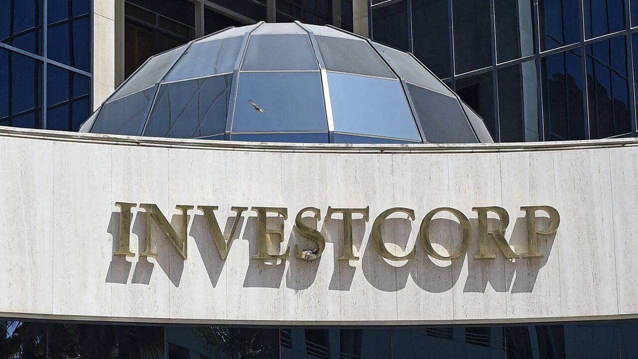 A partial view shows the logo of Bahrain-domiciled asset manager Investcorp in the capital, Manama, on April 18, 2022.