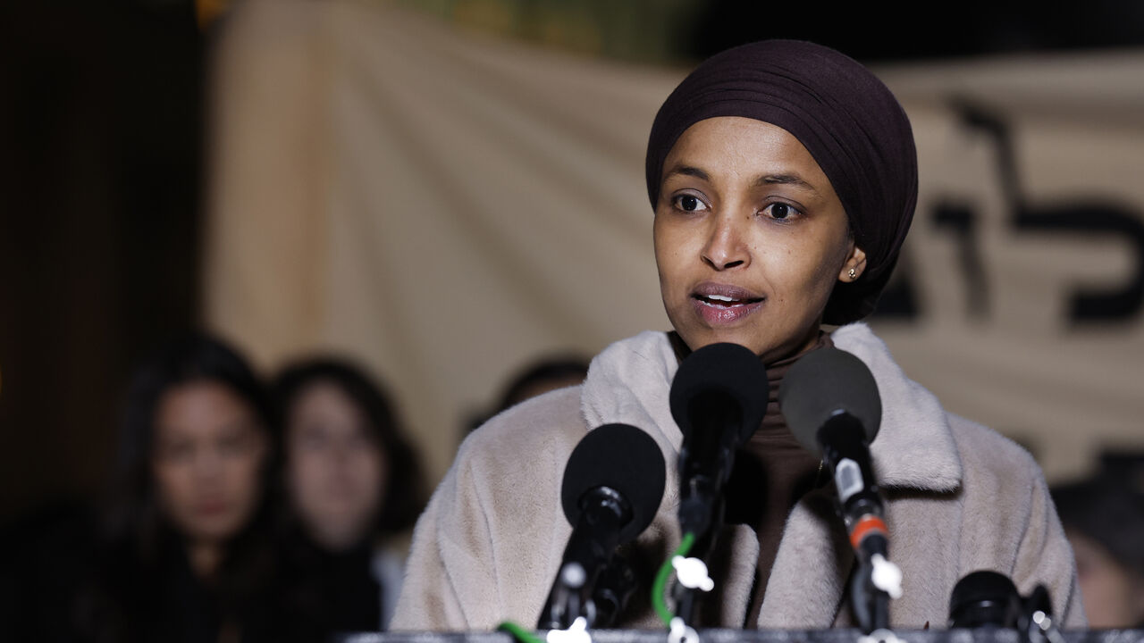 WASHINGTON, DC - NOVEMBER 13: U.S. Rep. Ilhan Omar (D-MN) speaks during a news conference calling for a ceasefire in Gaza outside the U.S. Capitol building on November 13, 2023 in Washington, DC. House Democrats held the news conference alongside rabbis with the activist group Jewish Voices for Peace. (Photo by Anna Moneymaker/Getty Images)