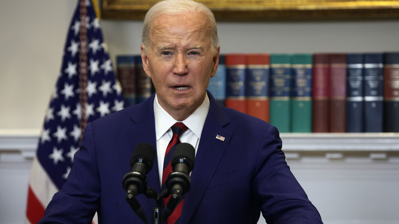 US President Joe Biden delivers remarks on the collapse of Francis Scott Key Bridge in Baltimore, Maryland, in the Roosevelt Room of the White House on March 26, 2024 in Washington, DC. 