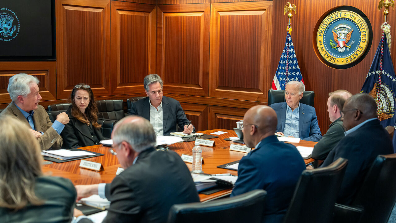 In this handout photo provided by the White House, US President Joe Biden meets with members of the National Security team regarding the unfolding missile attacks on Israel from Iran, on April 13, 2024 in the White House Situation Room in Washington, DC. 