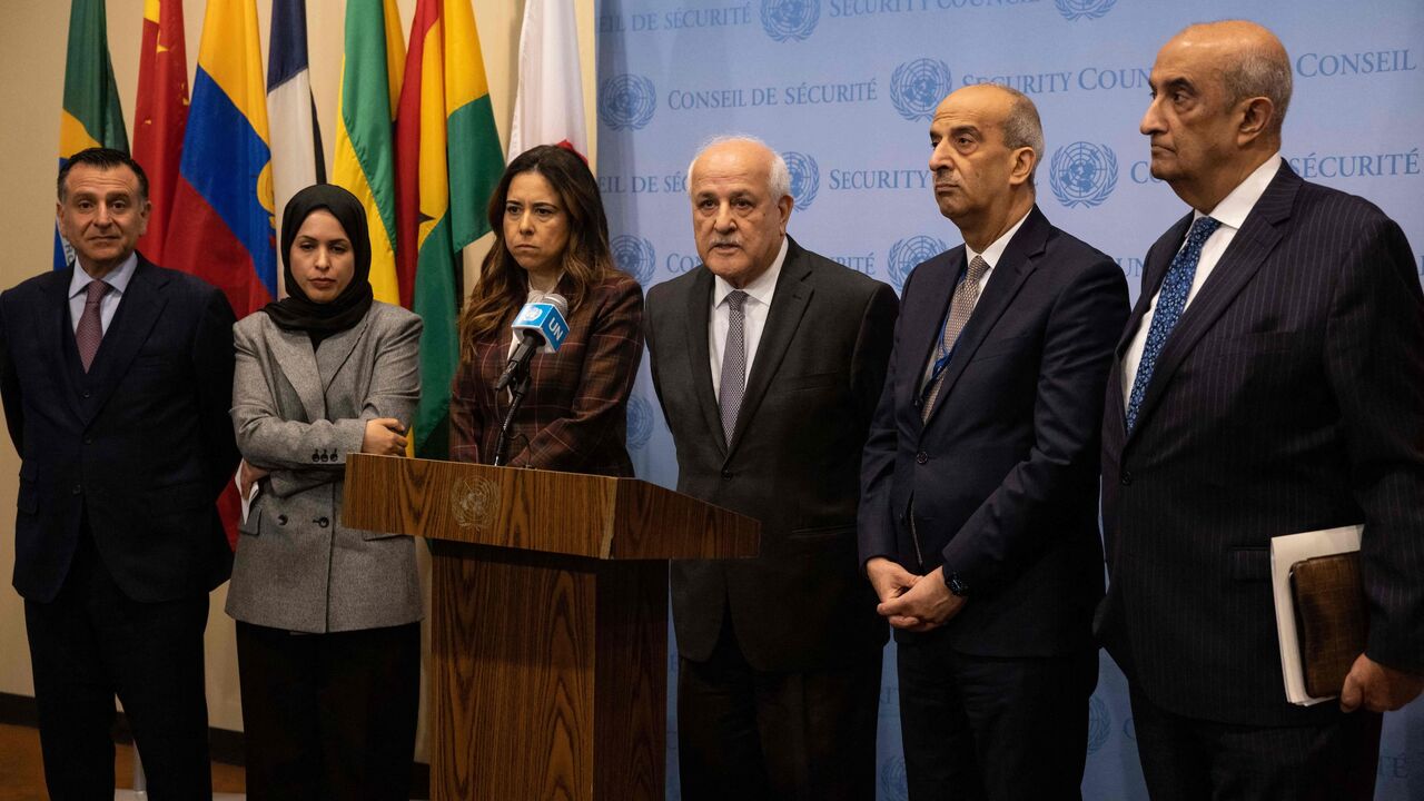 Permanent Representative of Jordan to the United Nations Mahmoud D. Hmoud, Permanent Representative of Qatar to the United Nations Alya bint Ahmed Al Thani, Permanent Representative of the United Arab Emirates to the United Nations Lana Nusseibeh, Permanent Observer of Palestine to the United Nations Riyad H. Mansour, and Ambassador and Permanent Representative of Egypt to the United Nations Osama Abdel Khalek speak to members of the media following the United Nations Security Council meeting on the situati