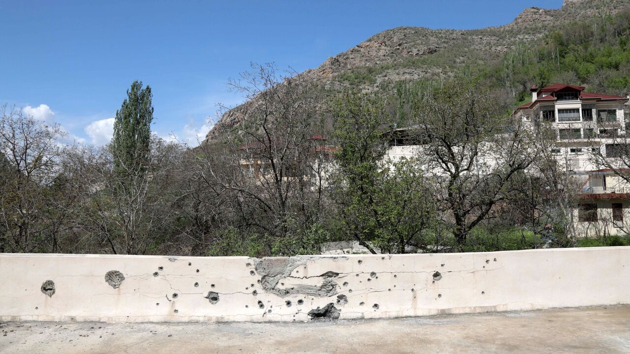This picture taken on April 25, 2023, shows a shrapnel-pocked walled in the village of Hiror near the Turkish border in northern Iraq's autonomous Kurdish region, where firefights occur between the Turkish army and fighters from the Kurdistan Workers' Party (PKK). 